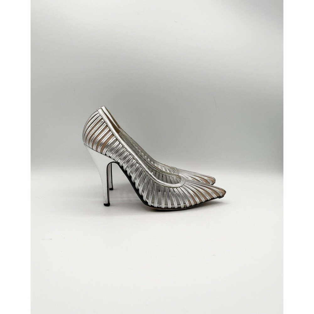 Gucci Silver Leather Heels Laser Cut Stripe Metallic Y2K Vintage Sz EU 36.5C